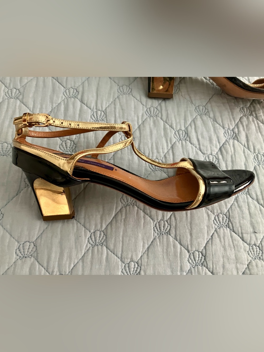 Ralph Lauren Patent and Gold Metallic Strappy mid Heel sandal